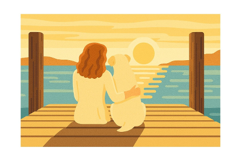 sunset-woman-dog-pier-lake-sea-9959541